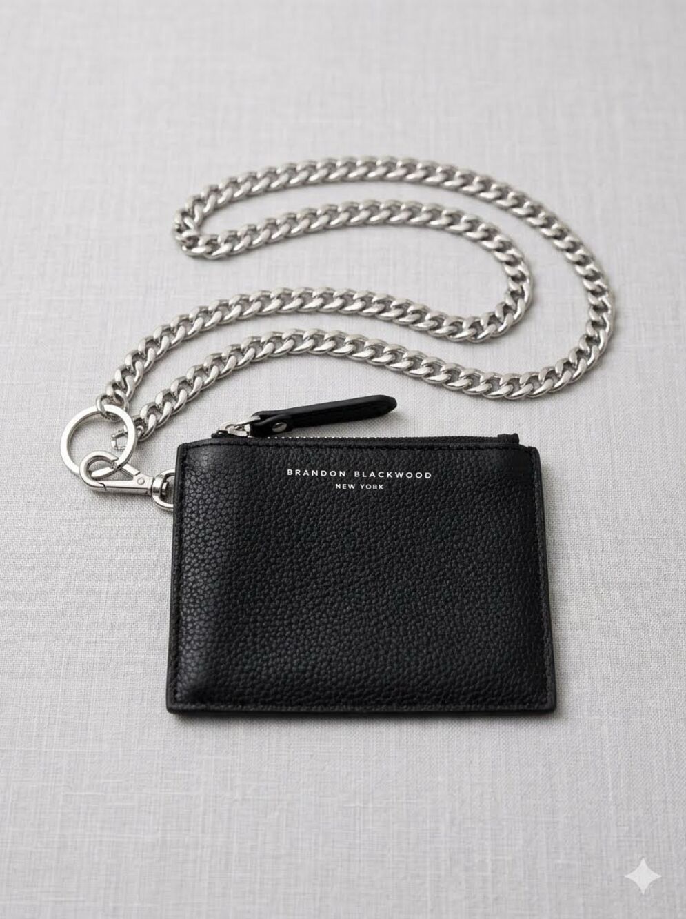 Brandon Blackwood Zip Top Pouch Black Pebbled Leather With Chunky Silver Chain